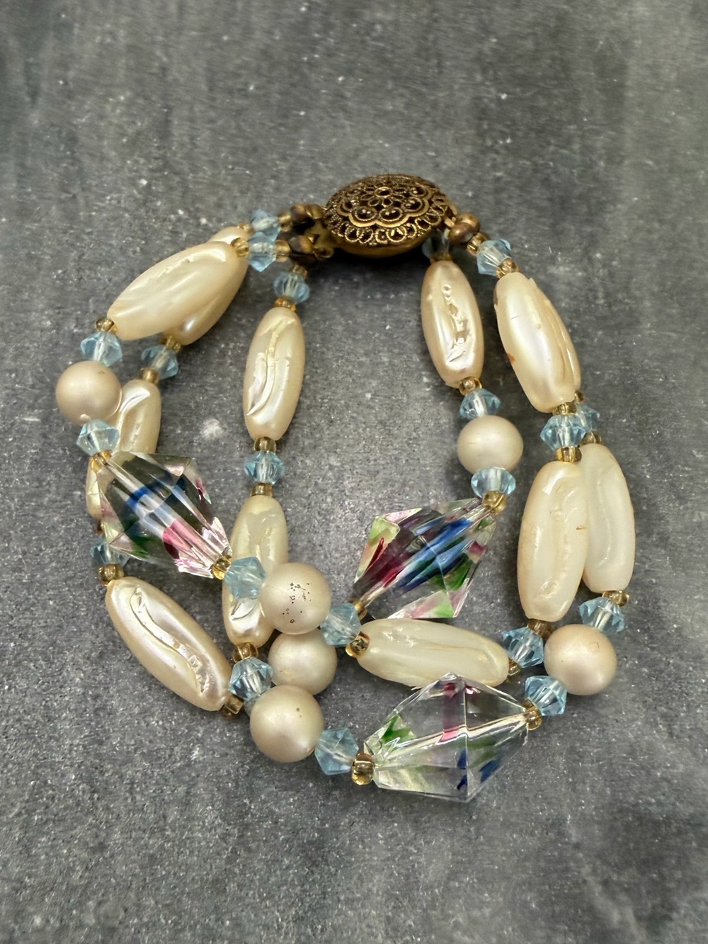 Vintage Estate Iris Glass Faux Pearl Cream Multi-Strand Bracelet